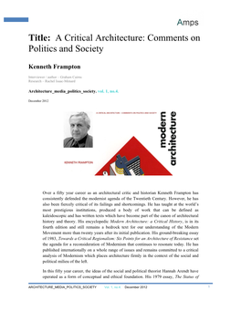 Title: a Critical Architecture: Comments on Politics and Society