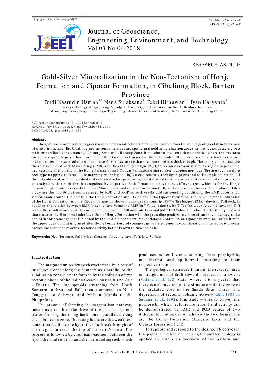 Journal of Geoscience, Engineering, Environment, and Technology