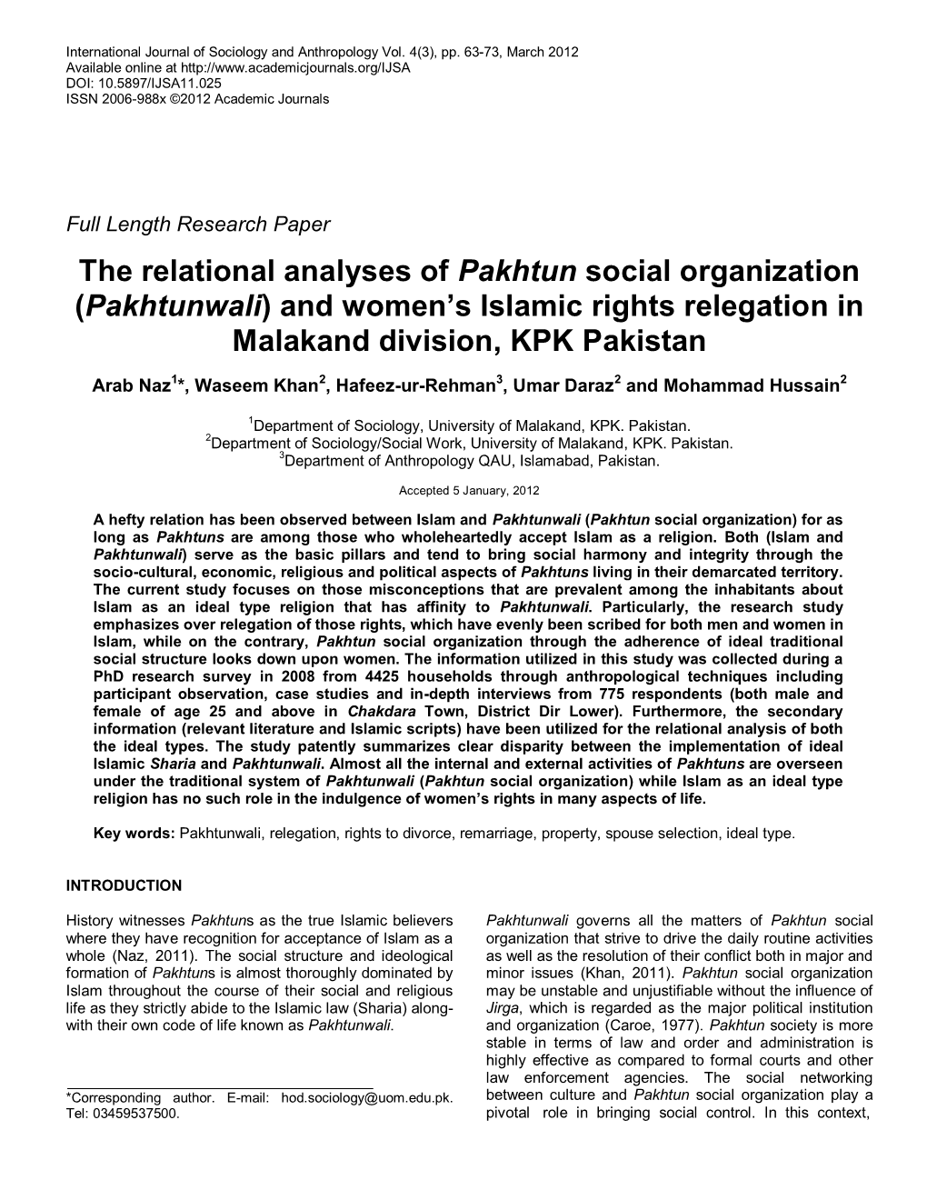 Pakhtunwali) and Women’S Islamic Rights Relegation in Malakand Division, KPK Pakistan