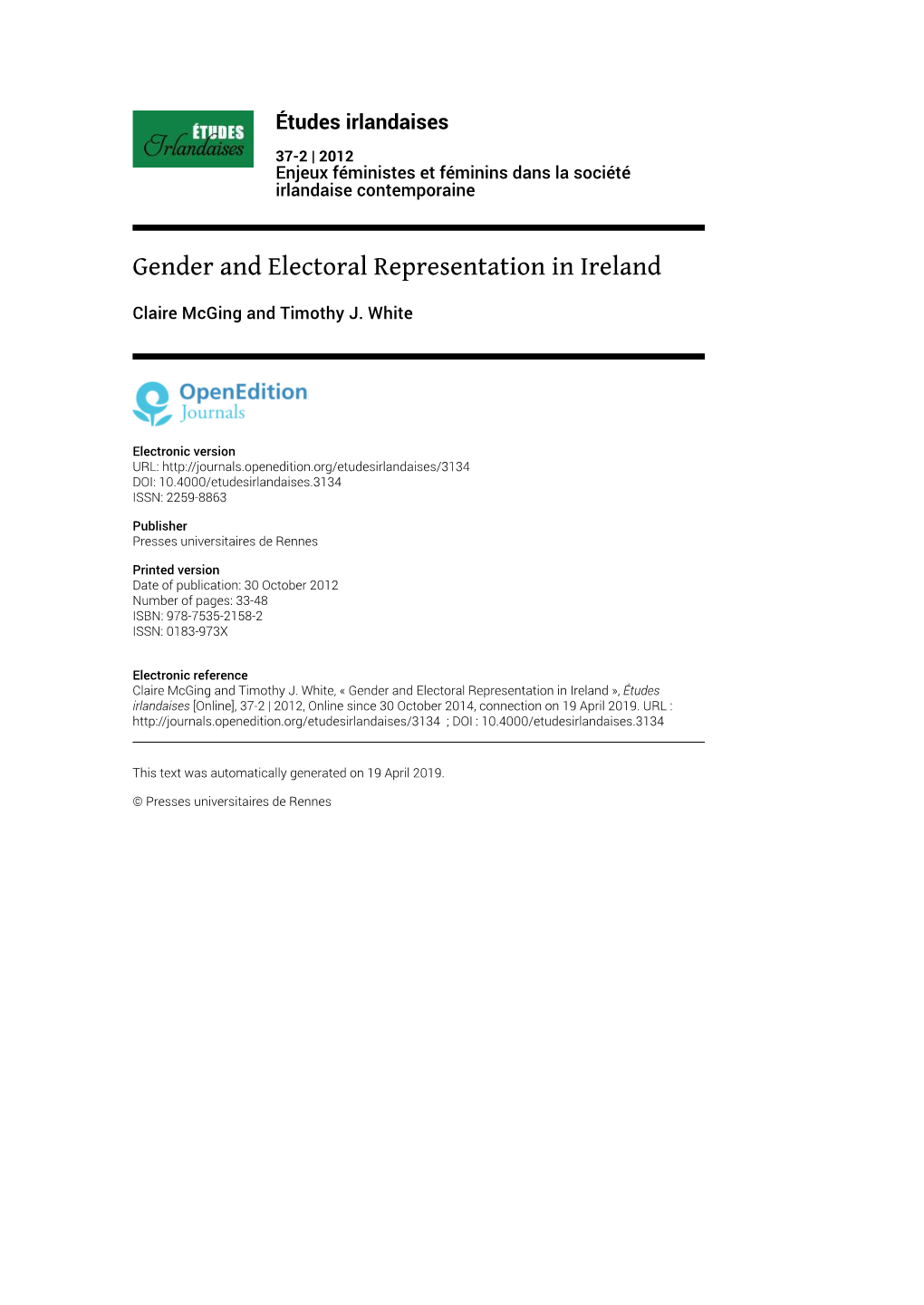 Études Irlandaises, 37-2 | 2014 Gender and Electoral Representation in Ireland 2