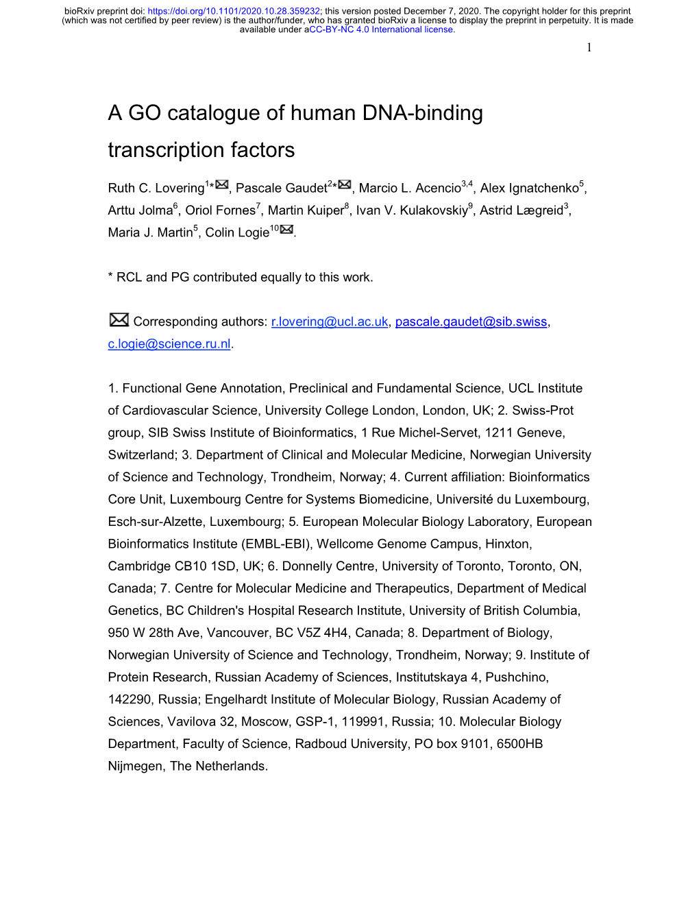 A GO Catalogue of Human DNA-Binding Transcription Factors