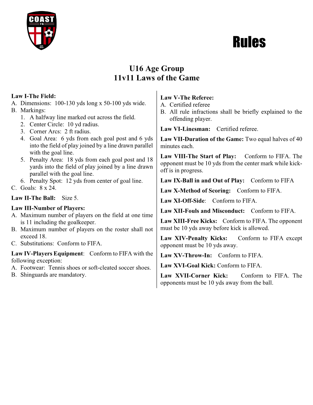 U16 Age Group 11V11 Laws of the Game