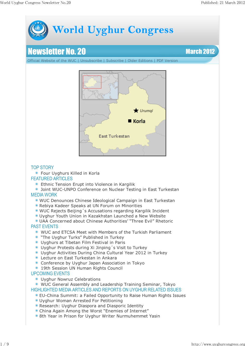 World Uyghur Congress Newsletter No.20 Published: 21 March 2012