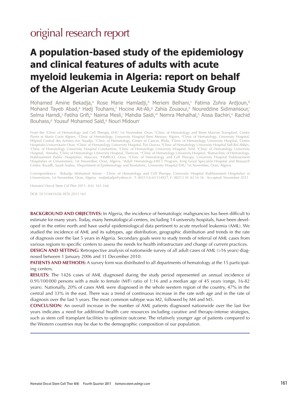 A Population-Based Study of the Epidemiology and Clinical Features of Adults with Acute Myeloid Leukemia in Algeria