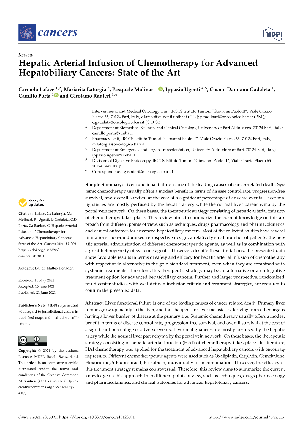 Hepatic Arterial Infusion of Chemotherapy for Advanced Hepatobiliary Cancers: State of the Art