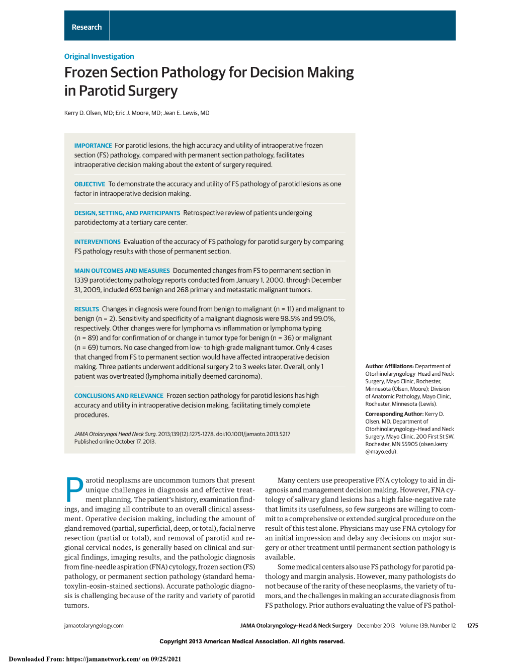 Frozen Section Pathology for Decision Making in Parotid Surgery