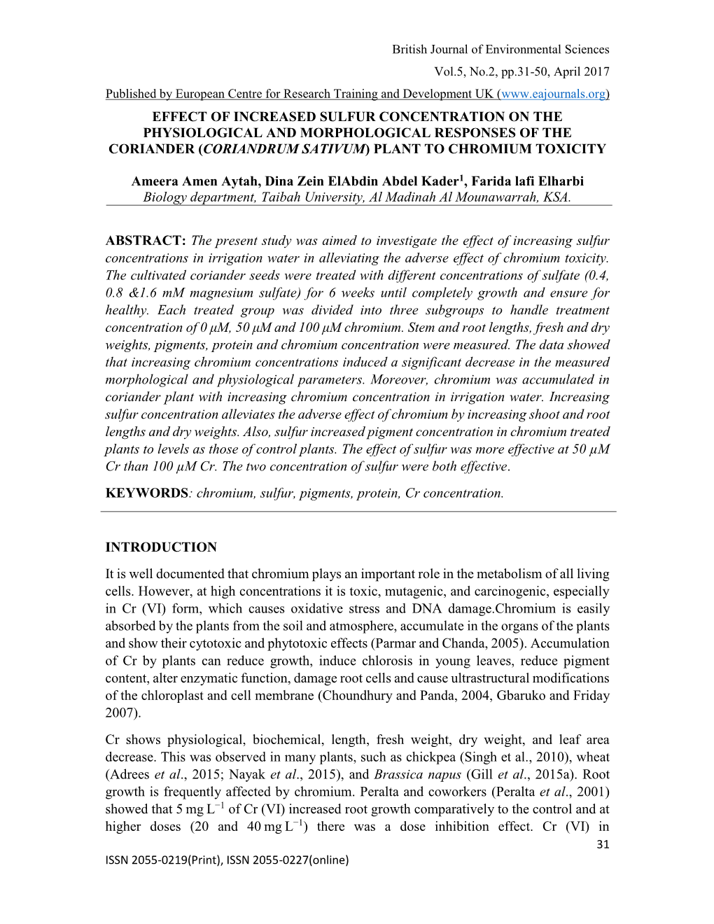 Effect of Increased Sulfur Concentration on the Physiological and Morphological Responses of the Coriander (Coriandrum Sativum) Plant to Chromium Toxicity