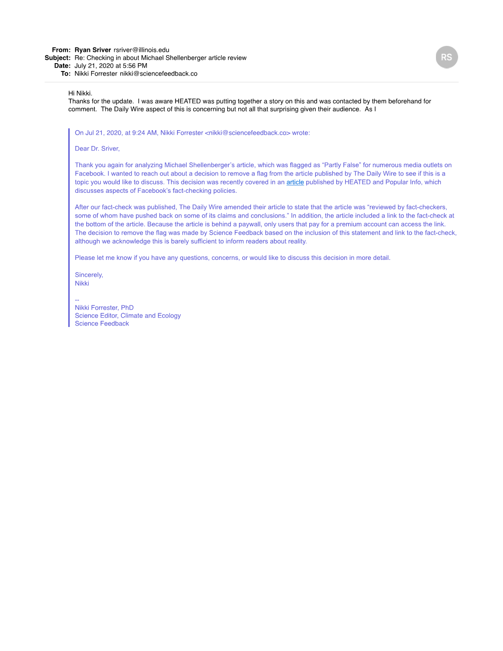 Checking in About Michael Shellenberger Article Review Date: July 21, 2020 at 5:56 PM To: Nikki Forrester Nikki@Sciencefeedback.Co