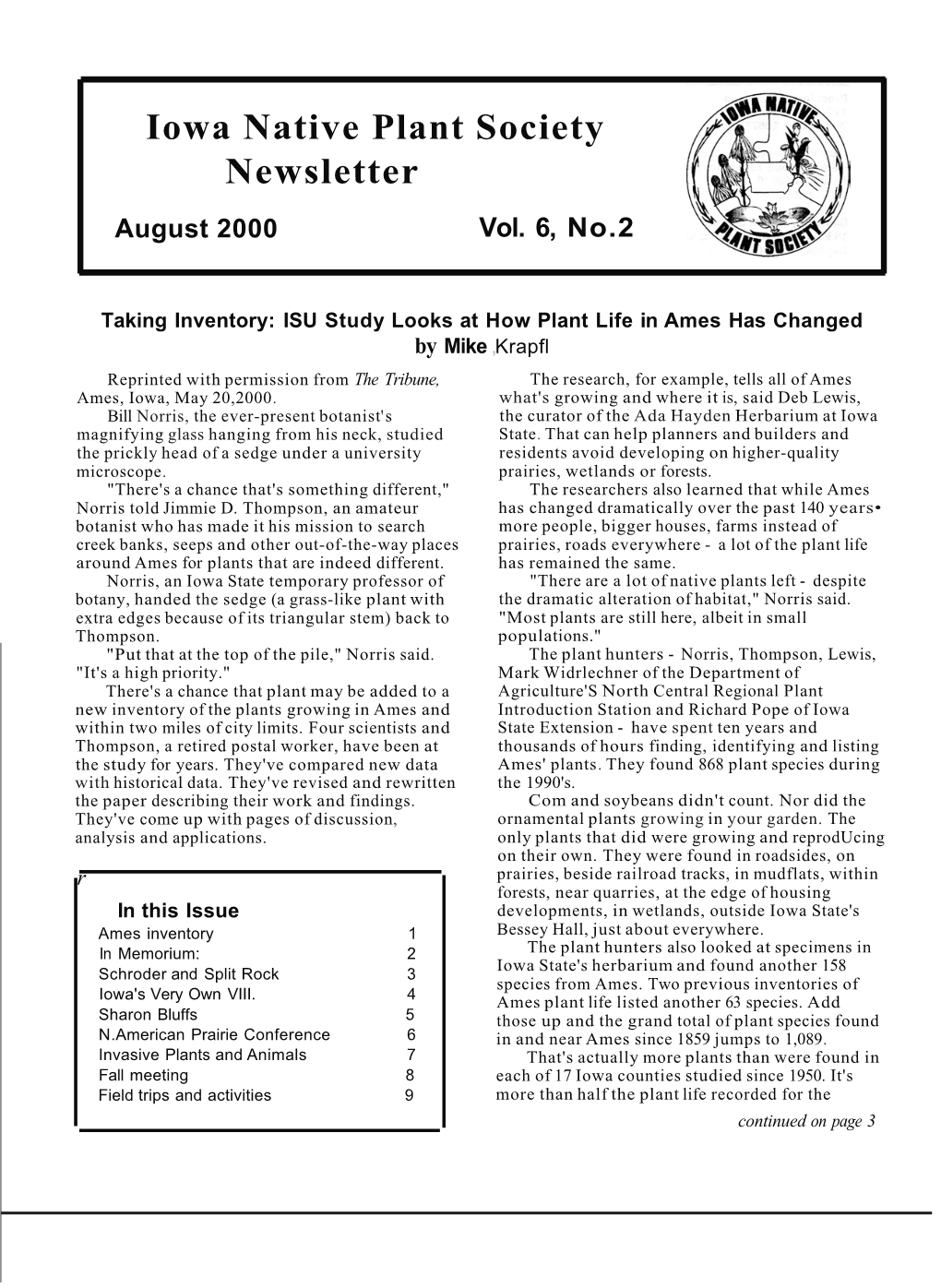 Iowa Native Plant Society Newsletter August 2000 Vol