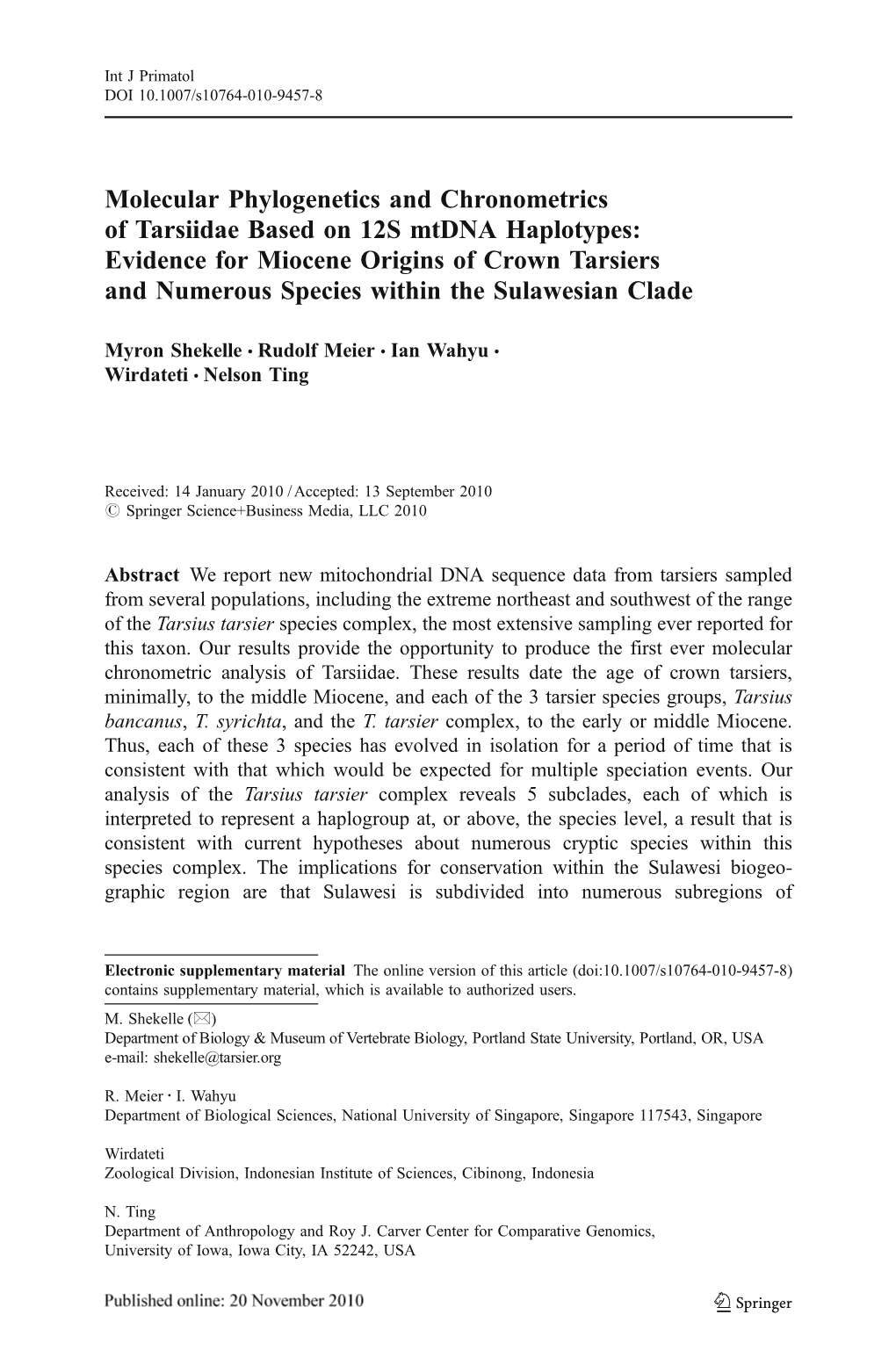 Molecular Phylogenetics and Chronometrics of Tarsiidae Based