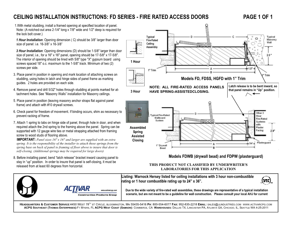 Ceiling Installation Instructions: Fd Series - Fire Rated Access Doors Page 1 of 1