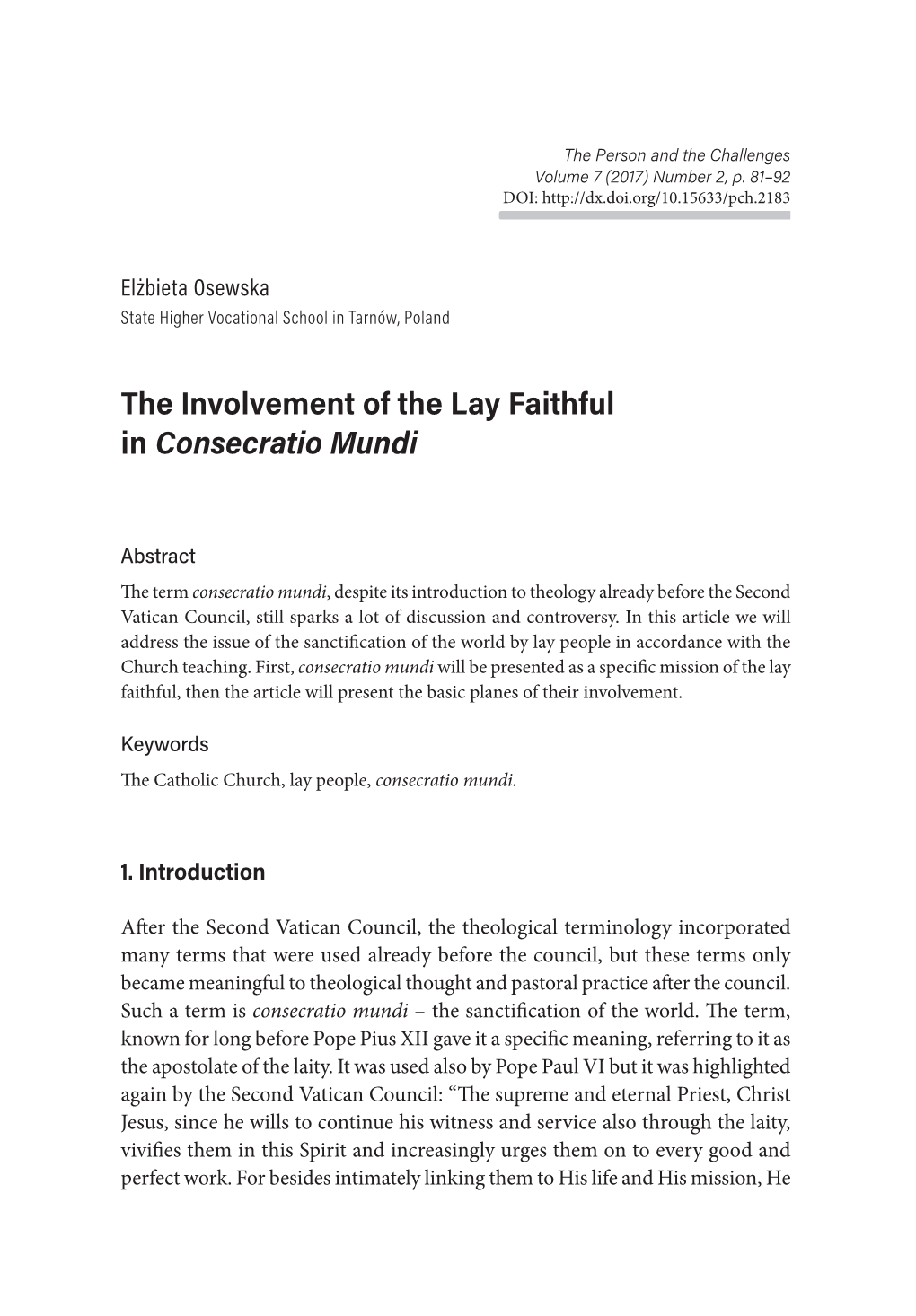 The Involvement of the Lay Faithful in 