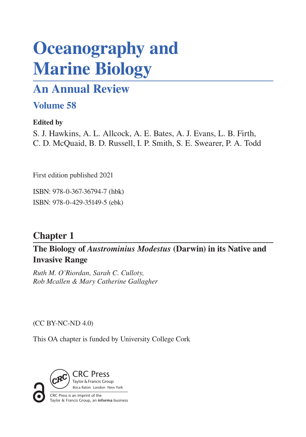 Oceanography and Marine Biology an Annual Review Volume 58