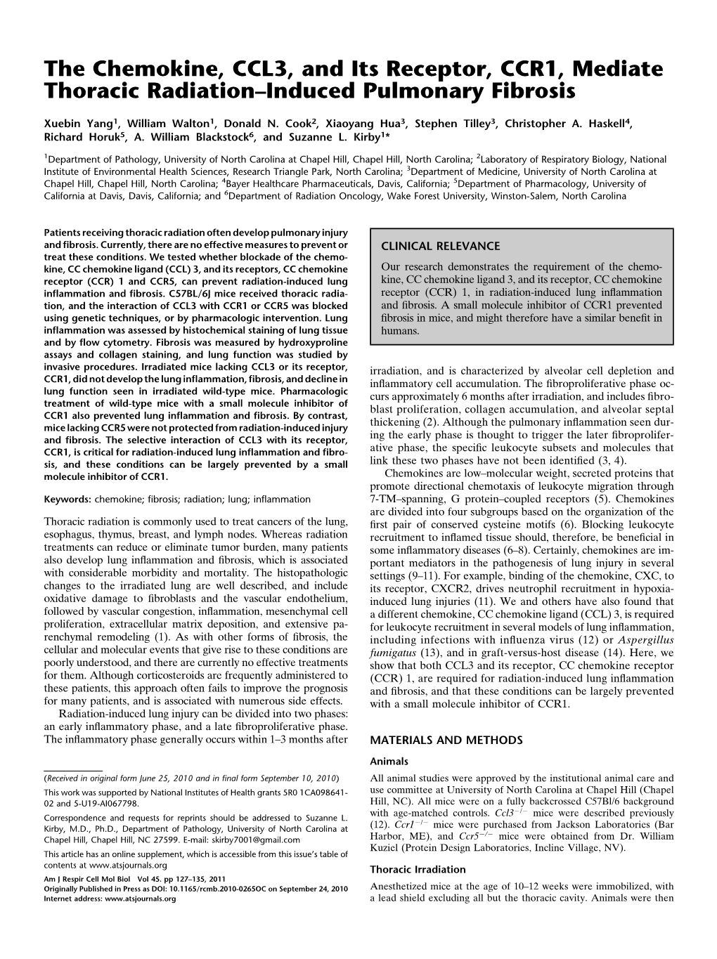 The Chemokine, CCL3, and Its Receptor, CCR1, Mediate Thoracic Radiation–Induced Pulmonary Fibrosis