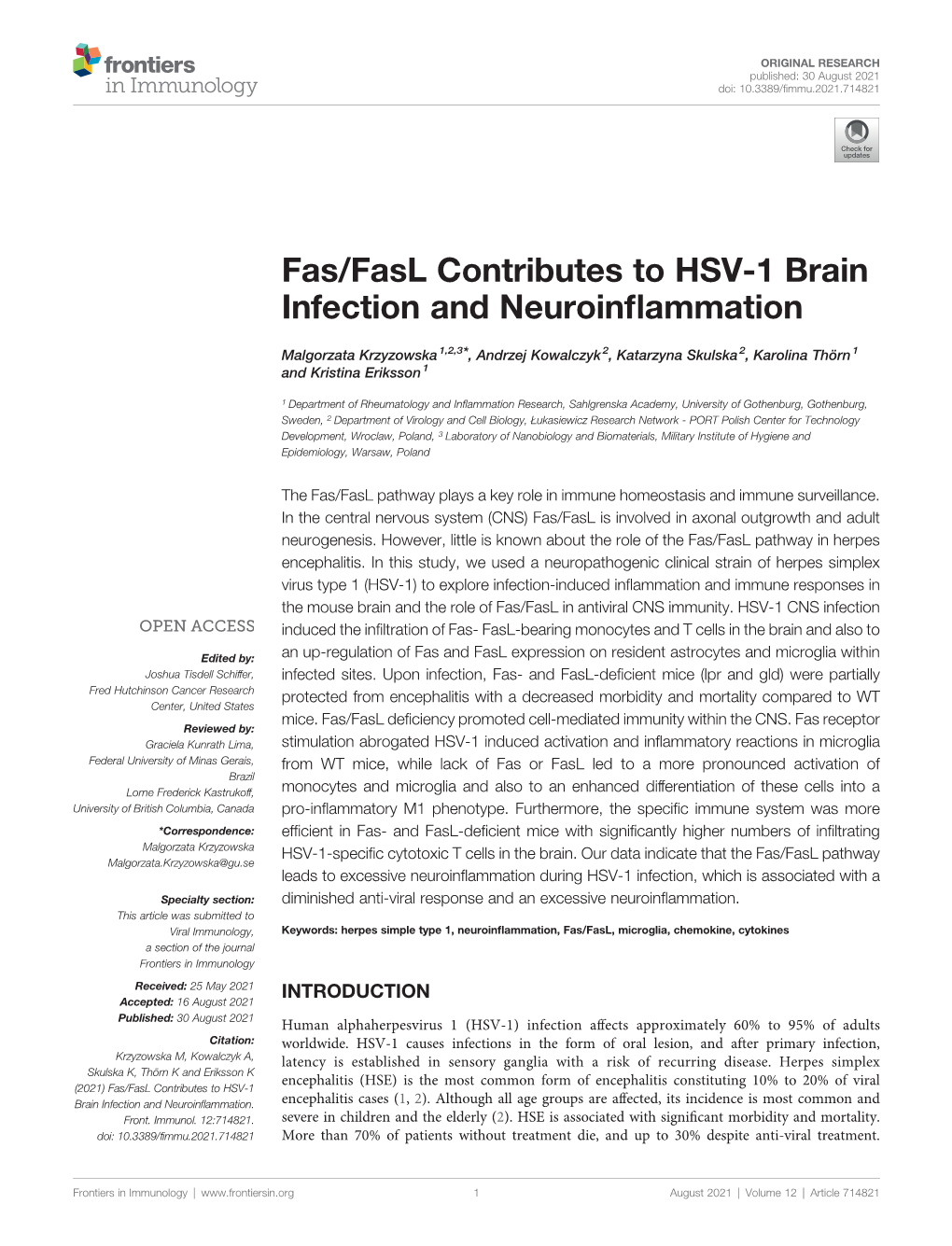 Fas/Fasl Contributes to HSV-1 Brain Infection and Neuroinflammation