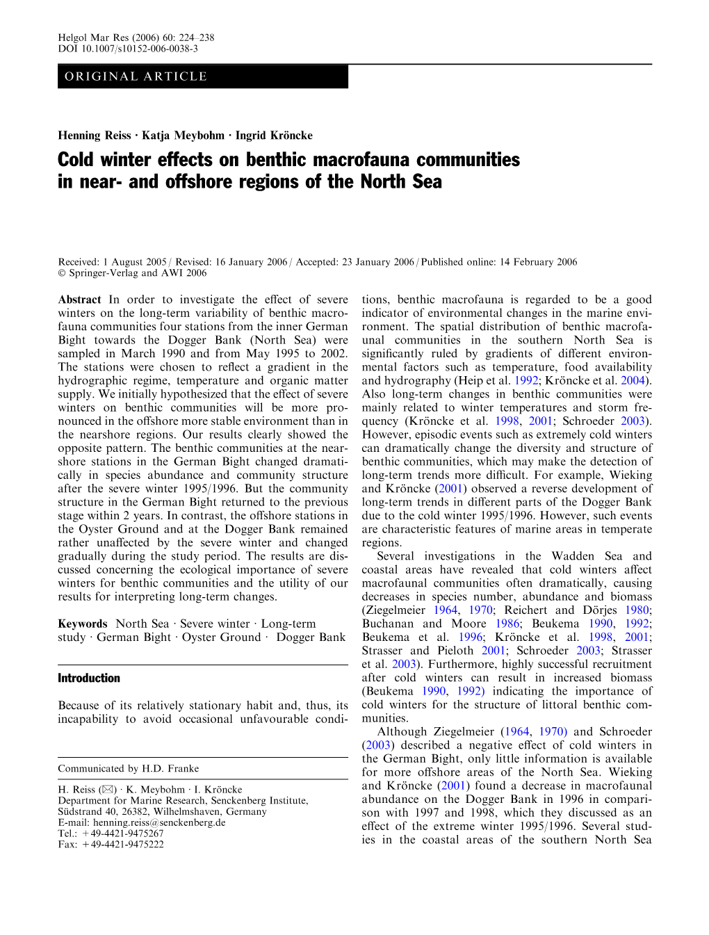 Cold Winter Effects on Benthic Macrofauna Communities in Near- and Offshore Regions of the North Sea