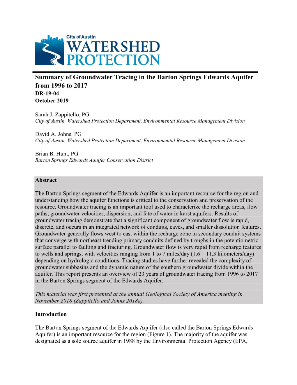 Summary of Groundwater Tracing in the Barton Springs Edwards Aquifer from 1996 to 2017 DR-19-04 October 2019