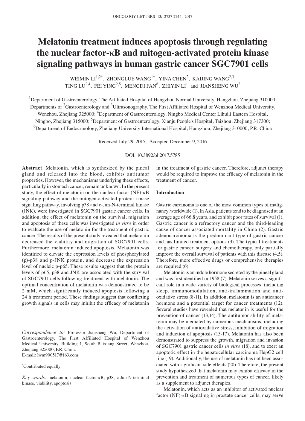 Melatonin Treatment Induces Apoptosis Through Regulating The