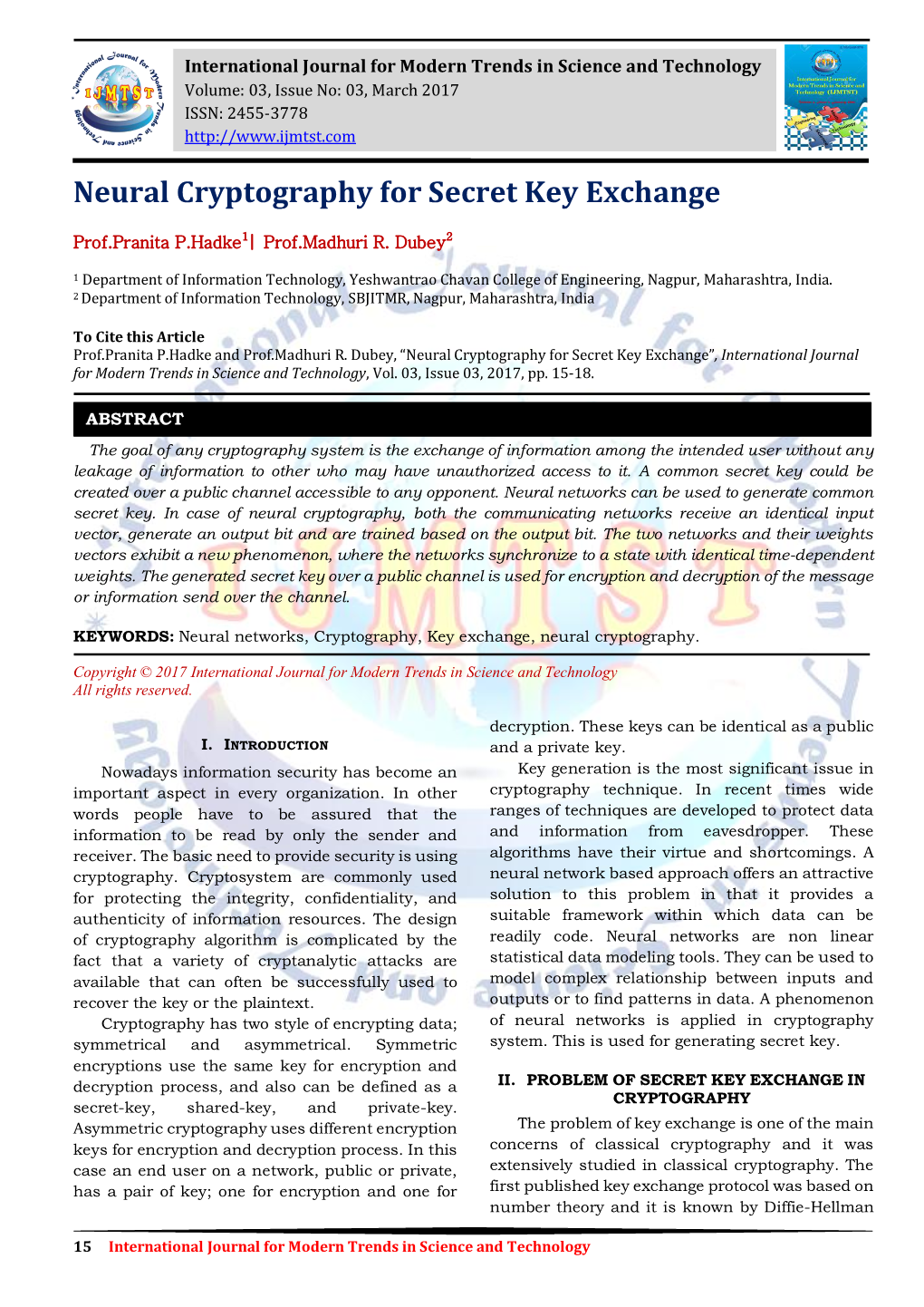 Neural Cryptography for Secret Key Exchange