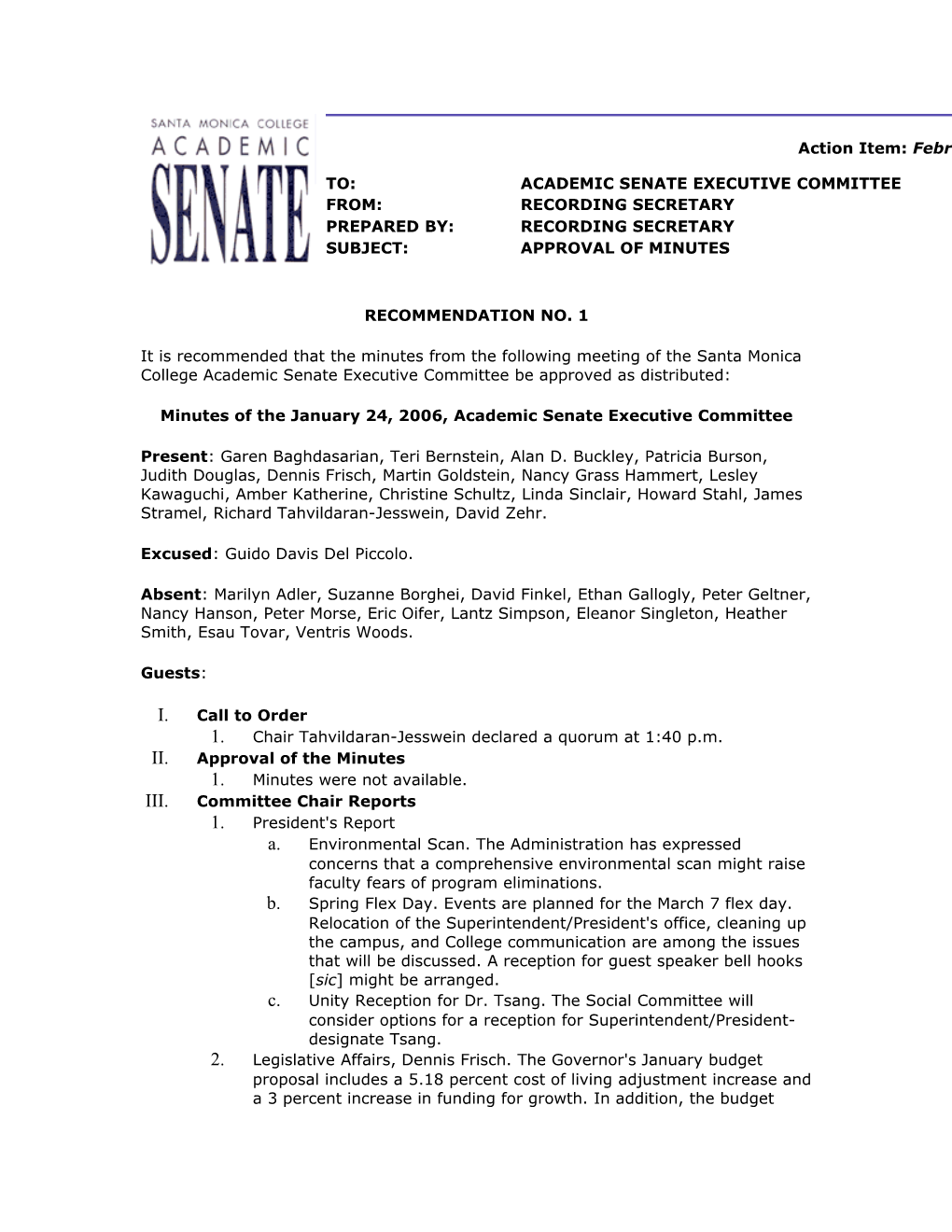 Minutes of the January 24, 2006, Academic Senate Executive Committee