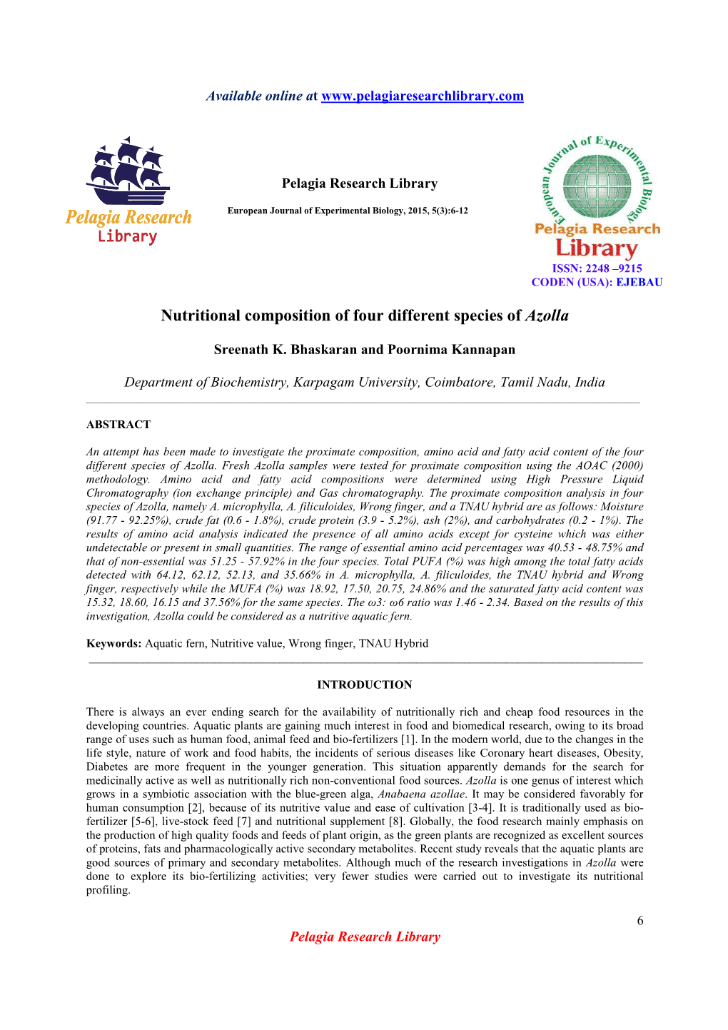 Nutritional Composition of Four Different Species of Azolla