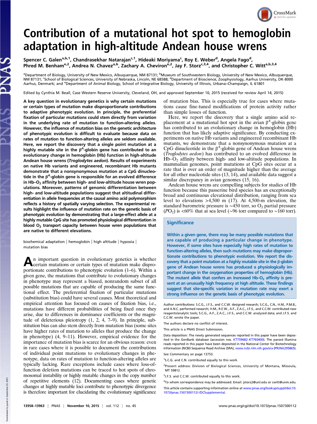 Contribution of a Mutational Hot Spot to Hemoglobin Adaptation in High-Altitude Andean House Wrens