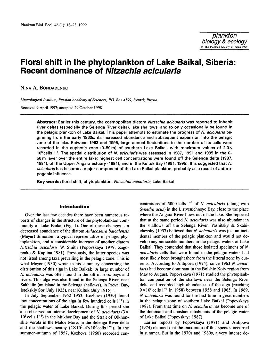 Floral Shift in the Phytoplankton of Lake Baikal, Siberia: Recent Dominance of Nitzschia Acicularis