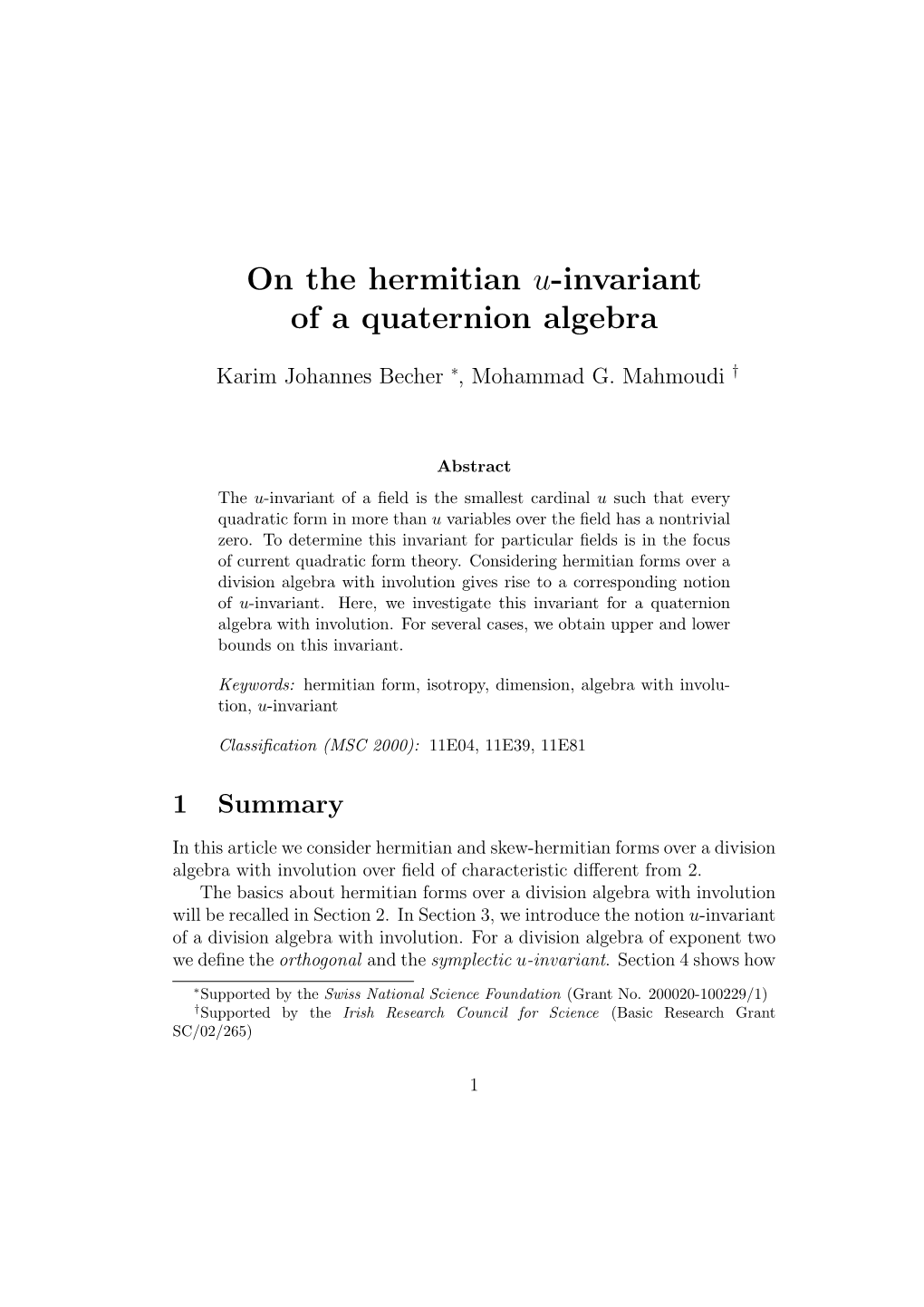 On the Hermitian U-Invariant of a Quaternion Algebra