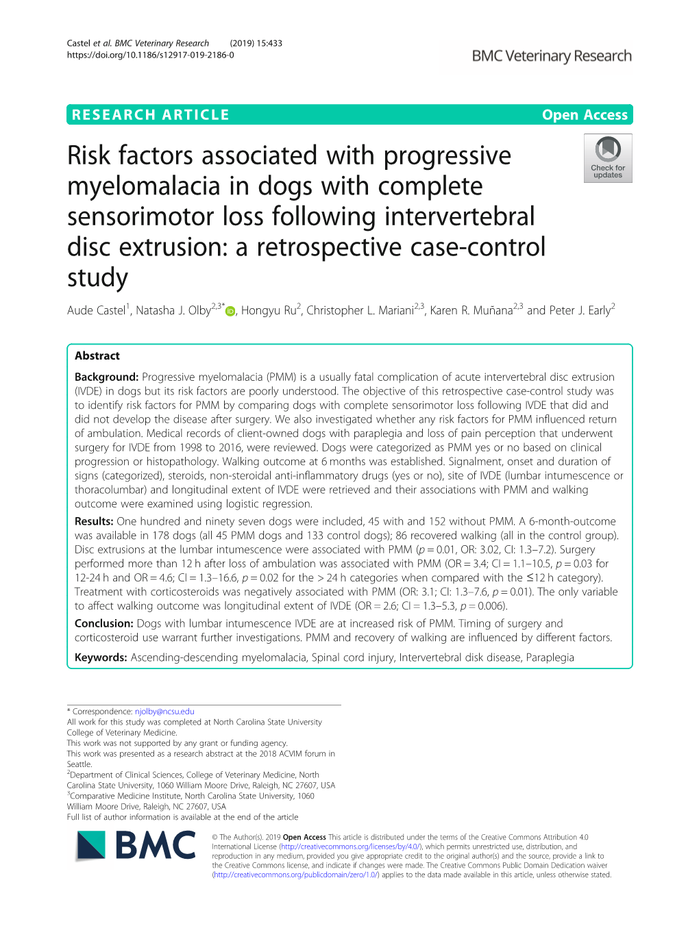 Risk Factors Associated with Progressive Myelomalacia in Dogs