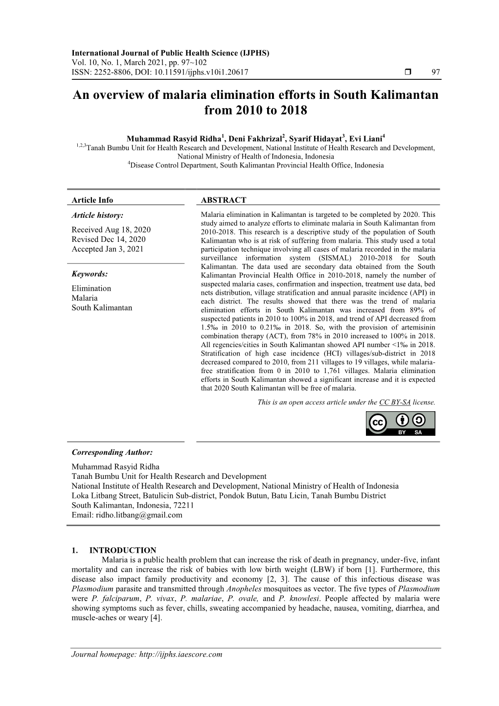 An Overview of Malaria Elimination Efforts in South Kalimantan from 2010 to 2018