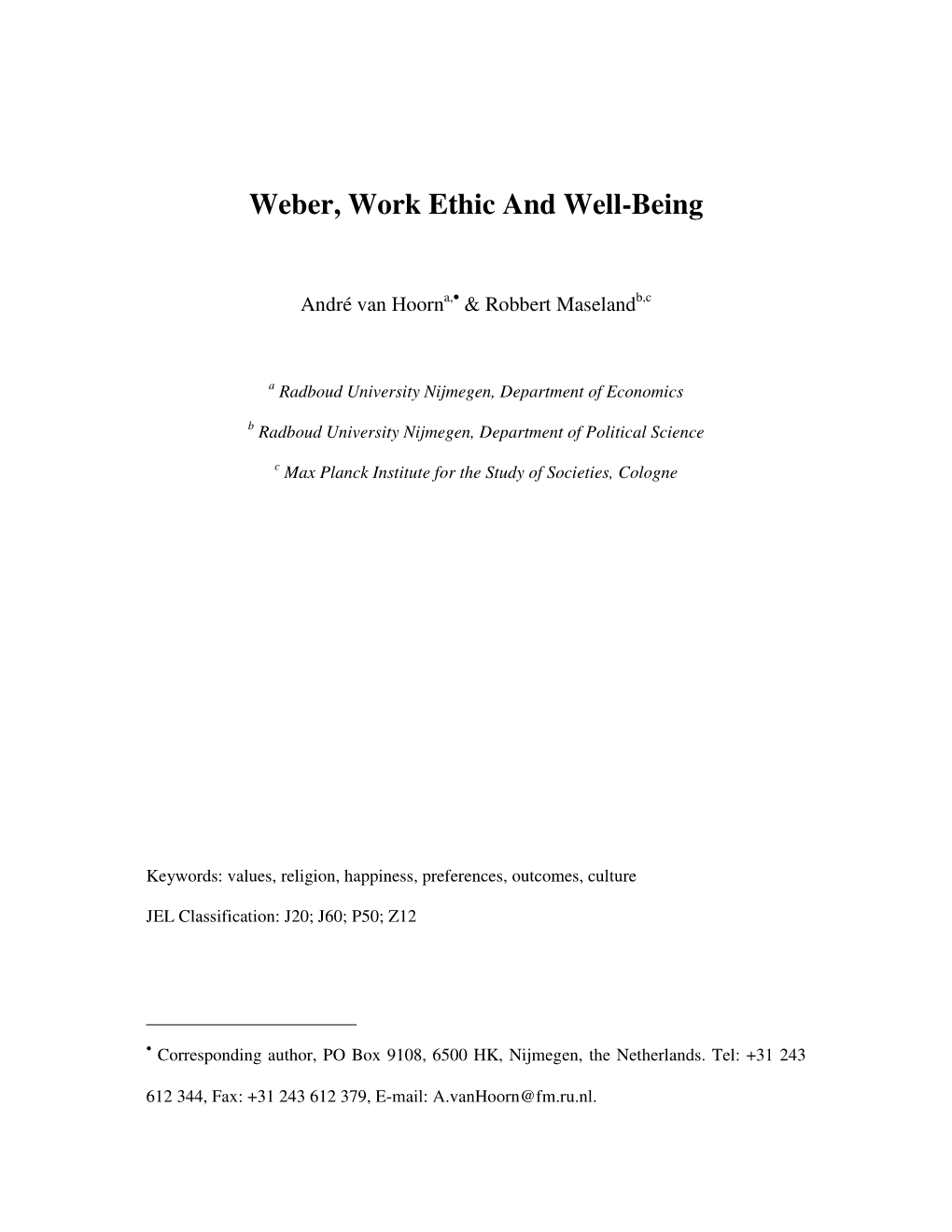 Weber, Work Ethic and Well-Being