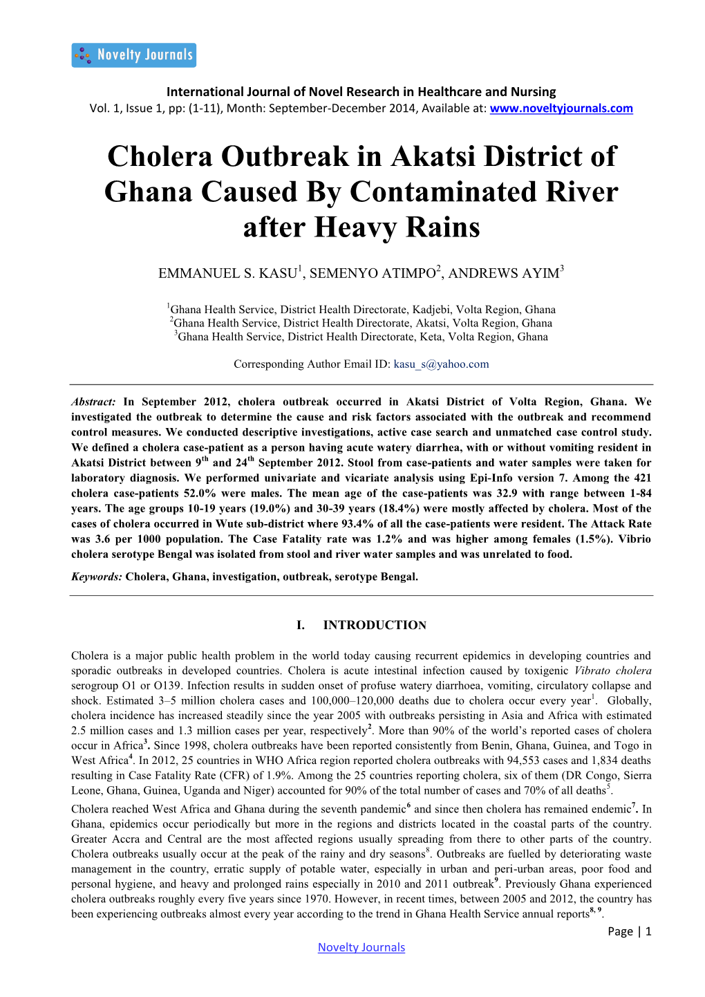 Cholera Outbreak in Akatsi District of Ghana Caused by Contaminated River After Heavy Rains