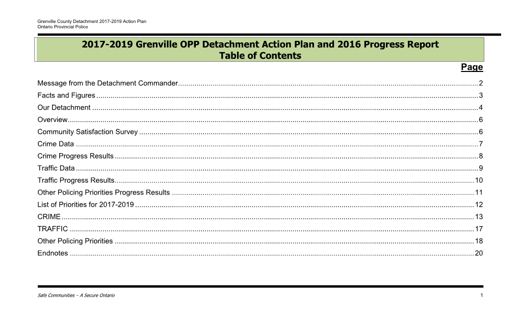 2017-2019 Grenville OPP Detachment Action Plan and 2016 Progress Report Table of Contents Page