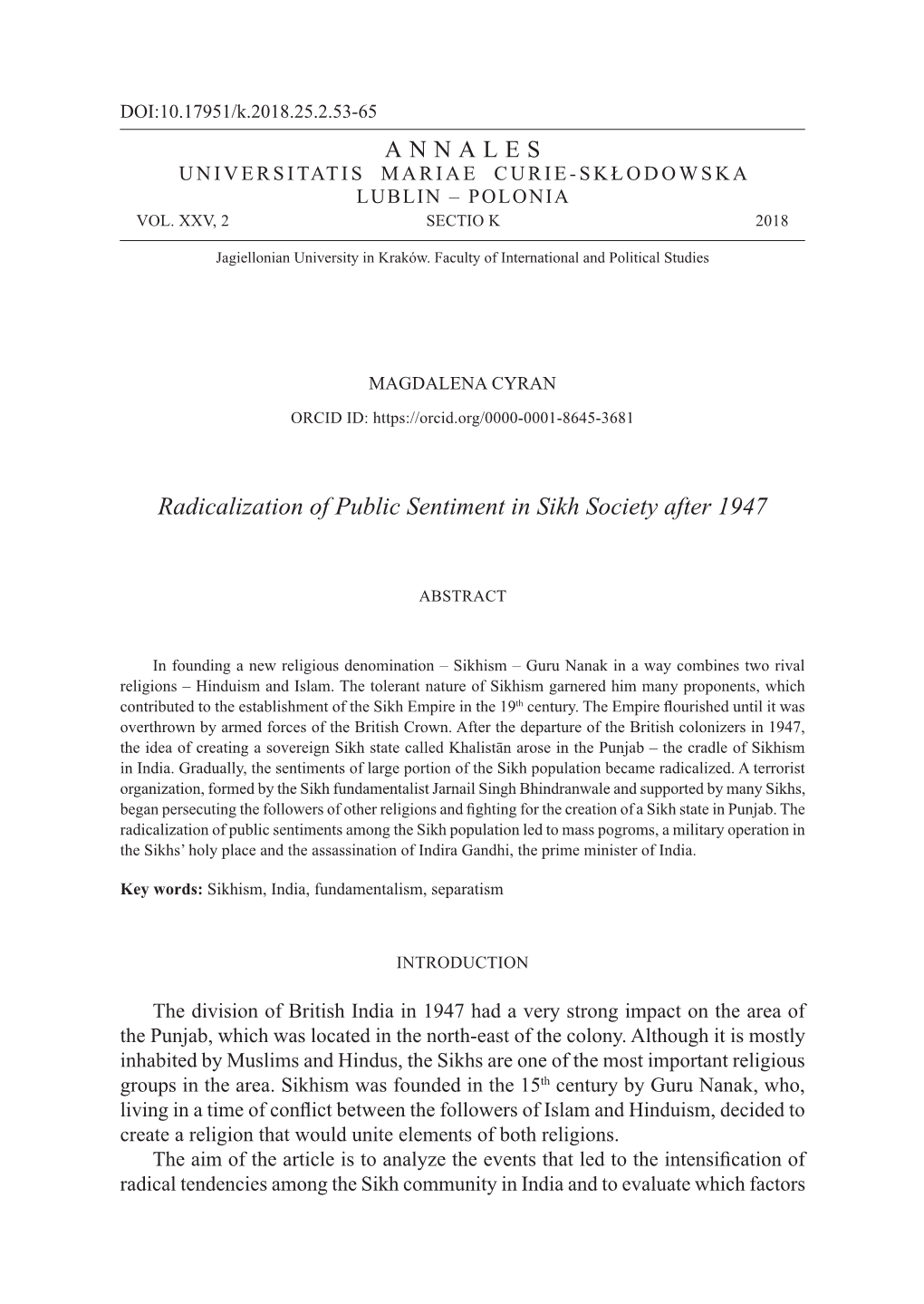 Radicalization of Public Sentiment in Sikh Society After 1947