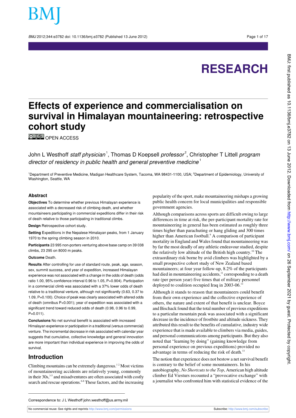Effects of Experience and Commercialisation on Survival in Himalayan Mountaineering: Retrospective Cohort Study OPEN ACCESS