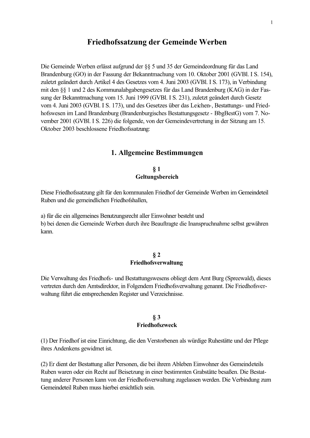 Friedhofssatzung Der Gemeinde Werben