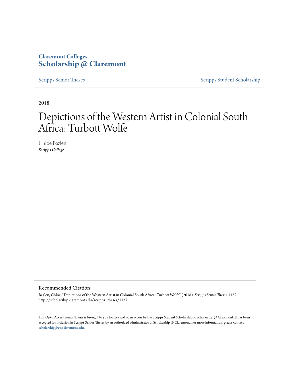 Depictions of the Western Artist in Colonial South Africa: Turbott Wolfe