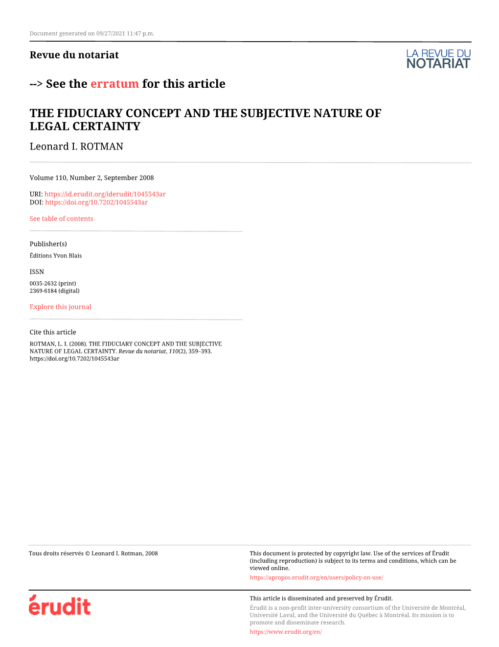 THE FIDUCIARY CONCEPT and the SUBJECTIVE NATURE of LEGAL CERTAINTY Leonard I