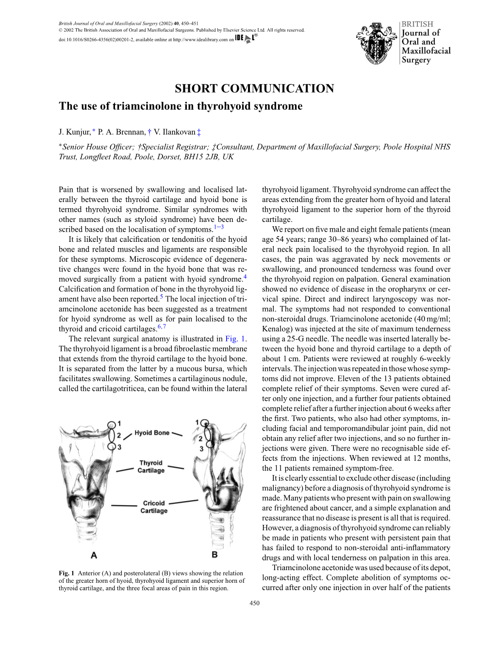 The Use of Triamcinolone in Thyrohyoid Syndrome 2002