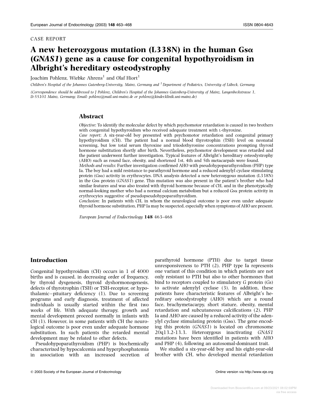 (GNAS1) Gene As a Cause for Congenital Hypothyroidism In