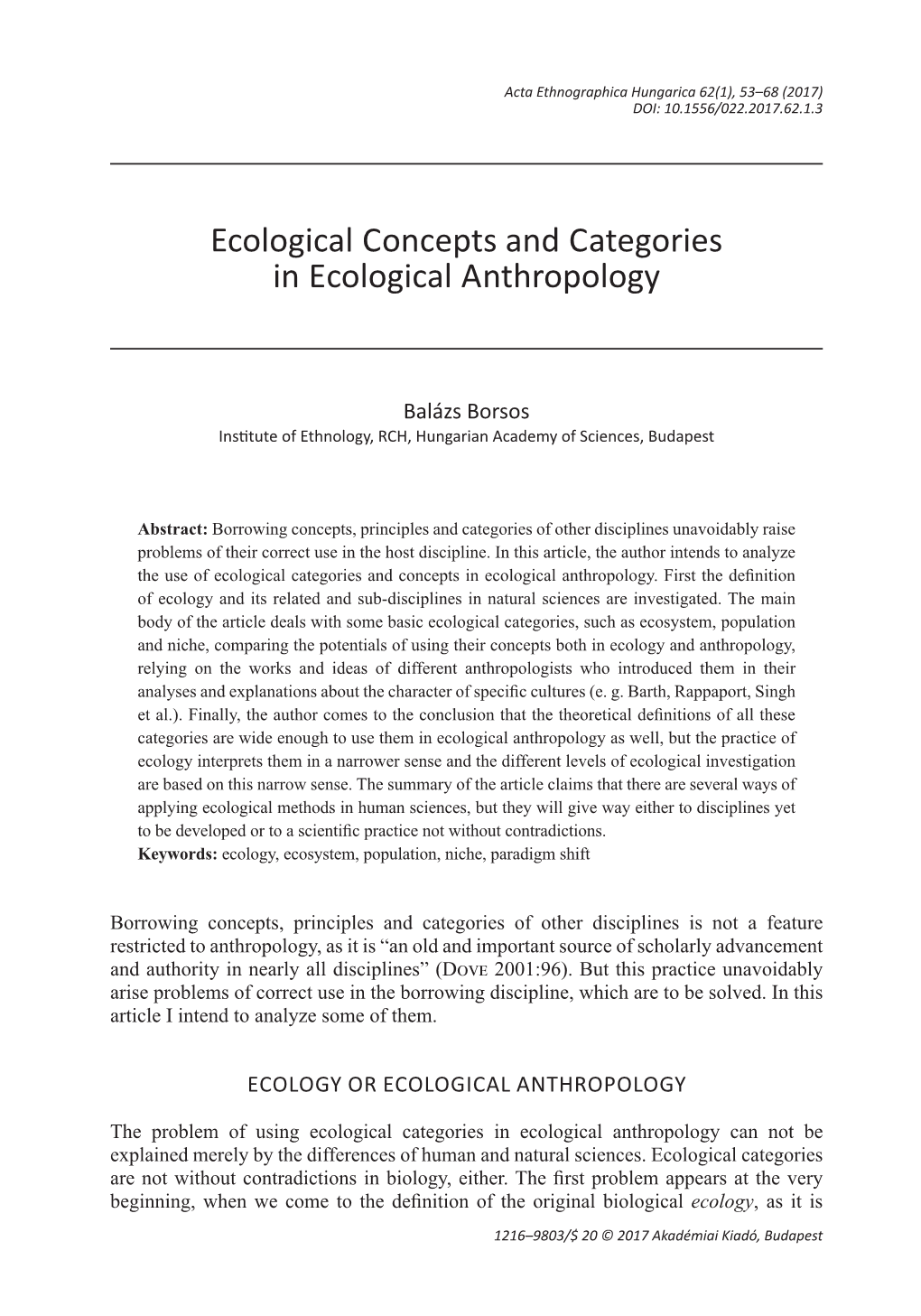 Ecological Concepts and Categories in Ecological Anthropology