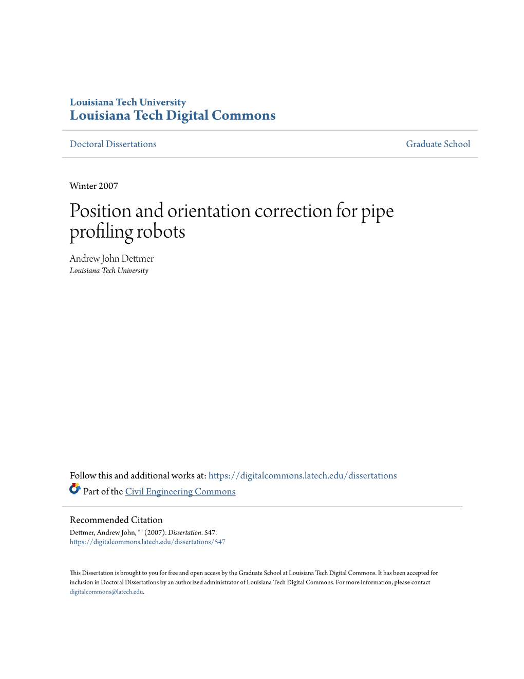 Position and Orientation Correction for Pipe Profiling Robots Andrew John Dettmer Louisiana Tech University