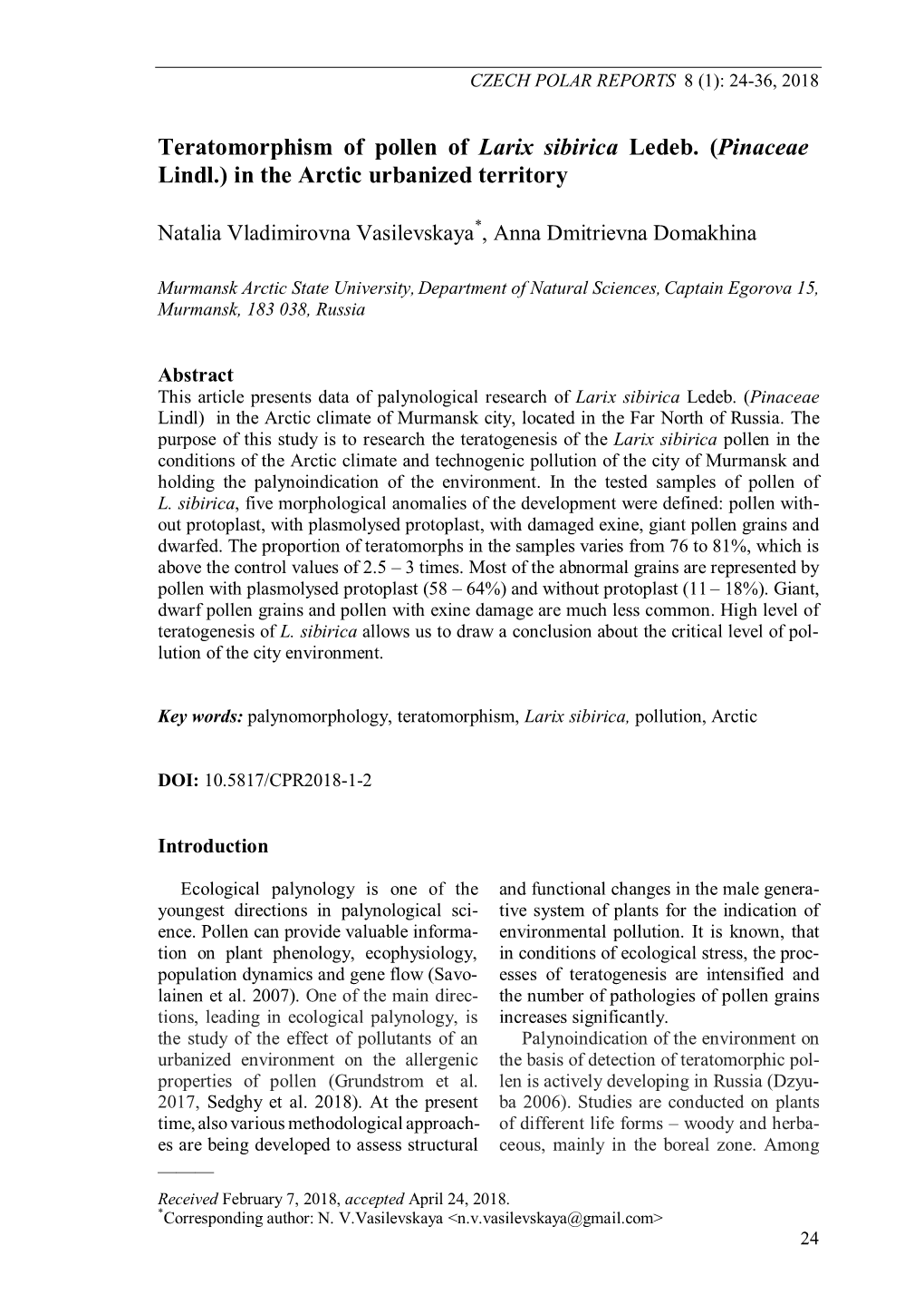 Teratomorphism of Pollen of Larix Sibirica Ledeb. (Pinaceae Lindl.) in the Arctic Urbanized Territory