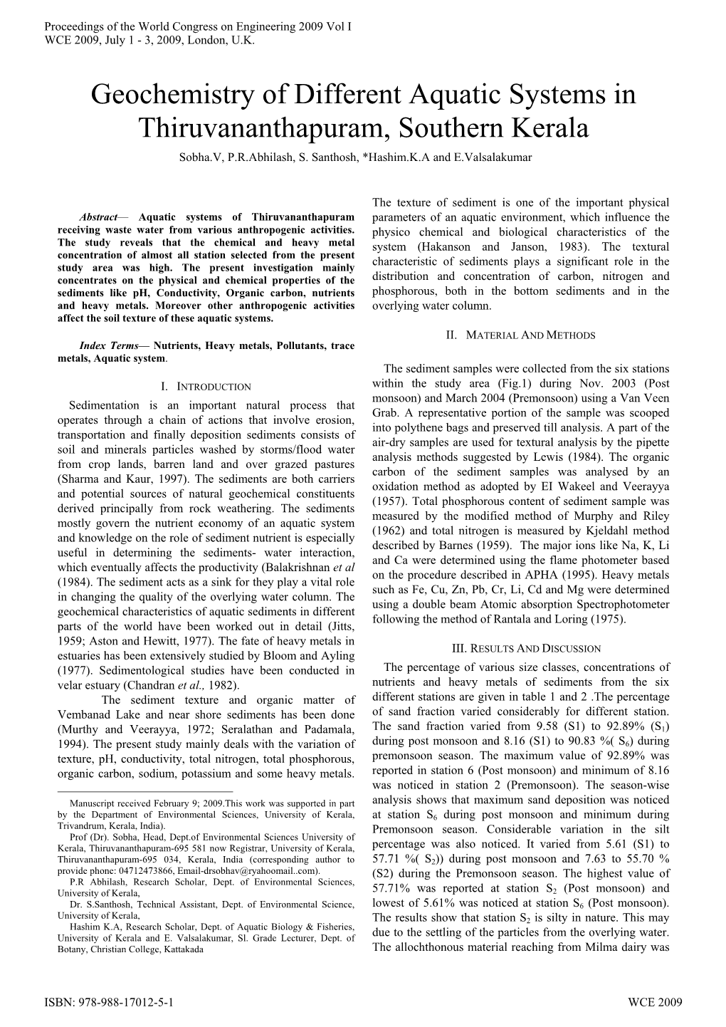 Geochemistry of Different Aquatic Systems in Thiruvananthapuram, Southern Kerala Sobha.V, P.R.Abhilash, S