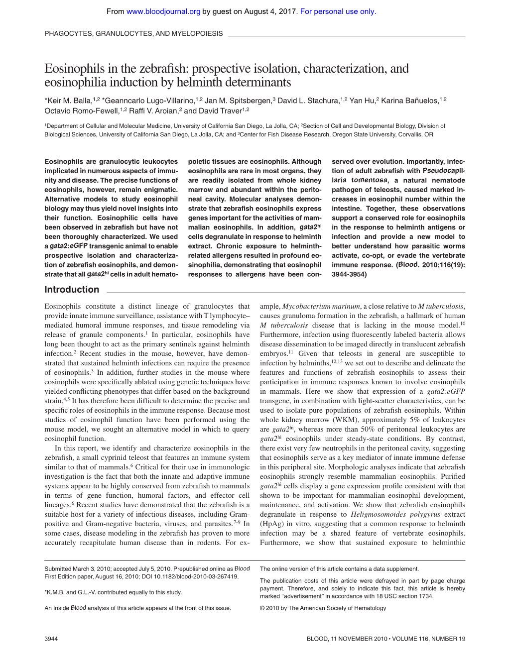 Eosinophils in the Zebrafish: Prospective Isolation, Characterization, and Eosinophilia Induction by Helminth Determinants