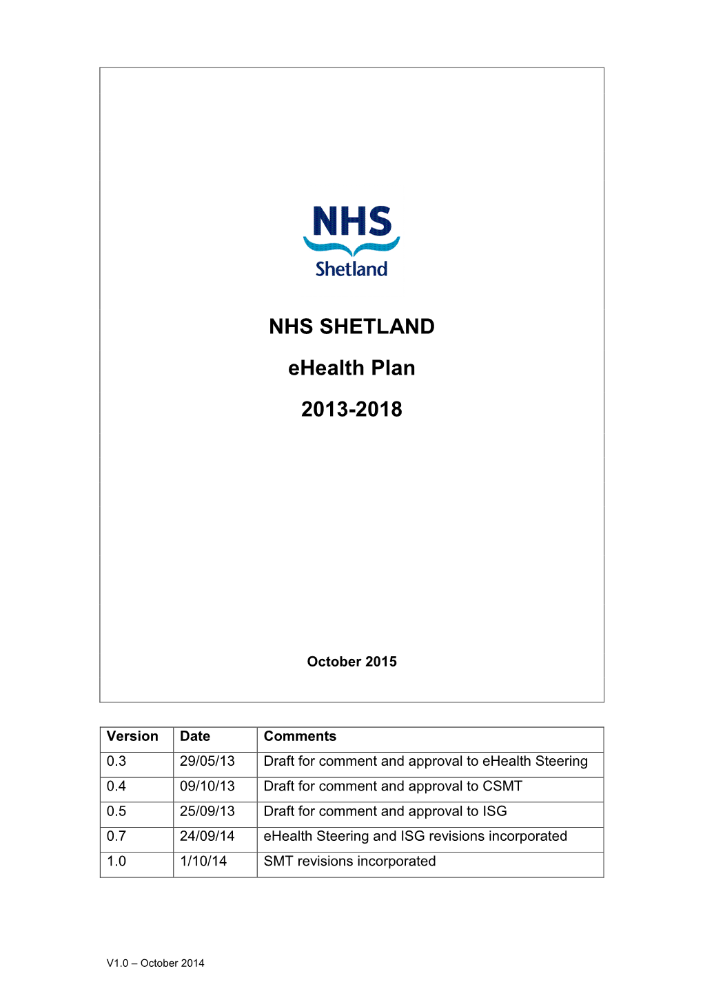 NHS SHETLAND Ehealth Plan 2013-2018