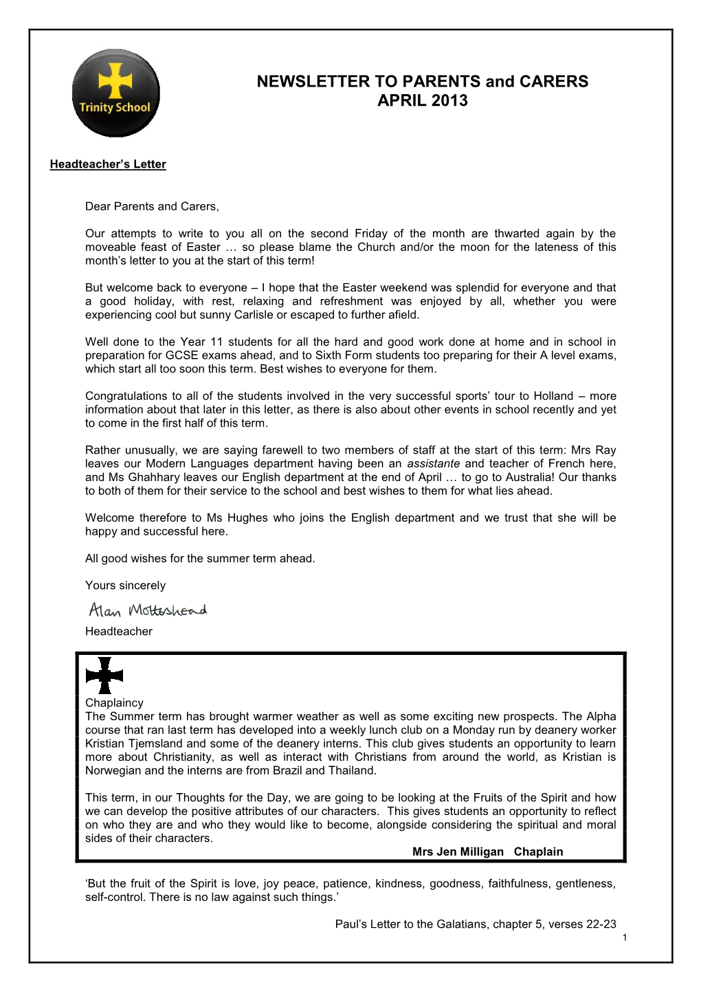 NEWSLETTER to PARENTS and CARERS APRIL 2013
