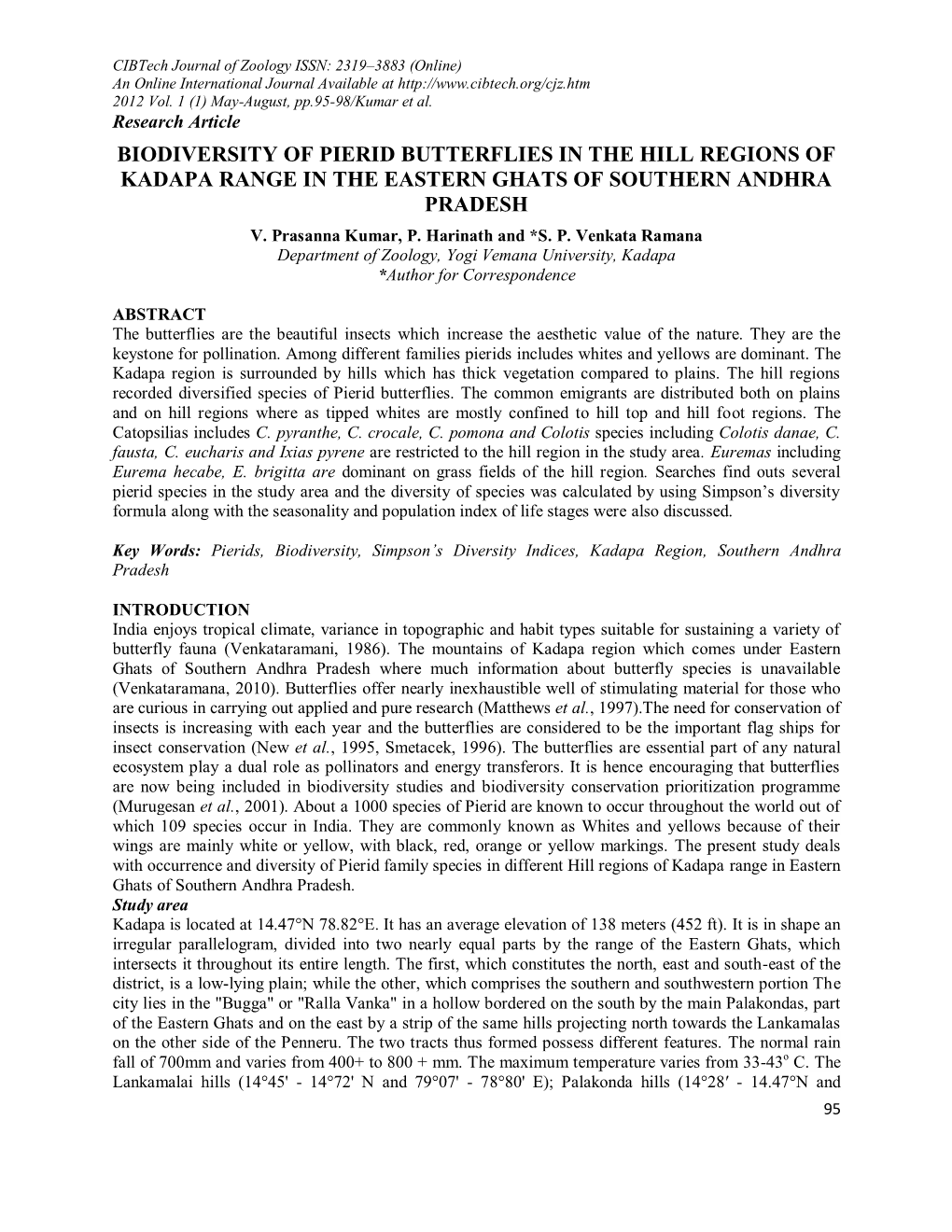 Biodiversity of Pierid Butterflies in the Hill Regions of Kadapa Range in the Eastern Ghats of Southern Andhra Pradesh V