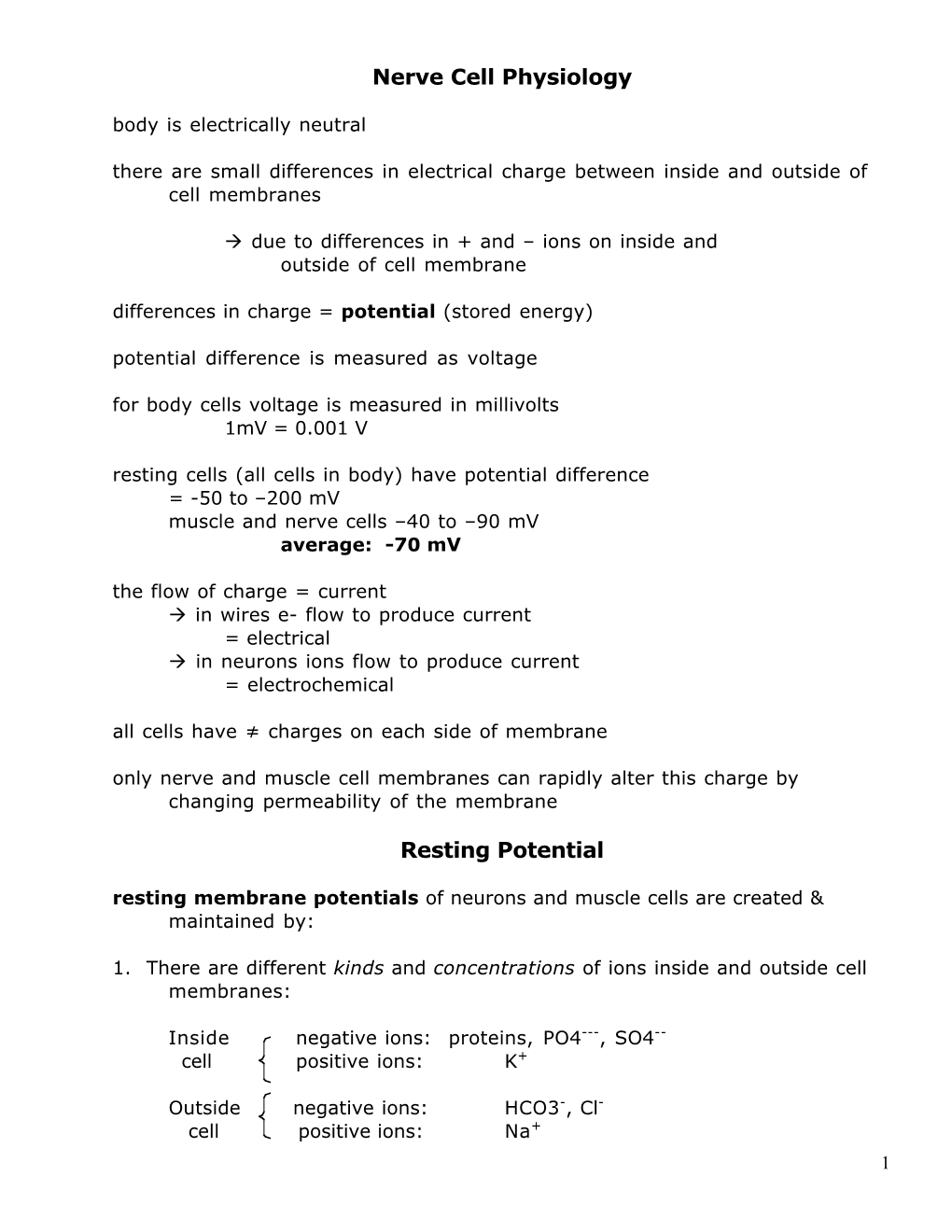 Nerve Cell Physiology Resting Potential