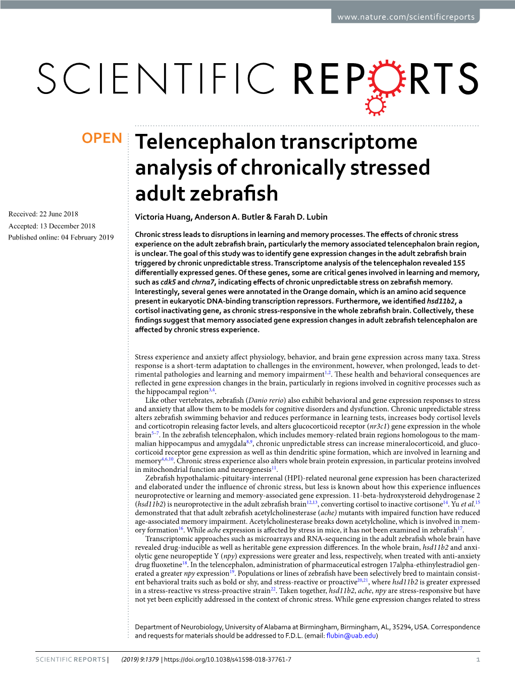 Telencephalon Transcriptome Analysis of Chronically Stressed Adult Zebrafish